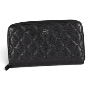 Chanel Classic Zip Around Wallet Black Quilted Caviar Leather Silver Hardware