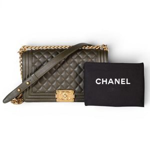 Chanel Boy Leather Crossbody Bag in Khaki Olive Green With Gold-Tone Hardware.