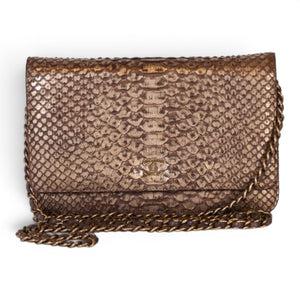 Chanel Metallic Gold and Bronze Python Classic Wallet on a Chain