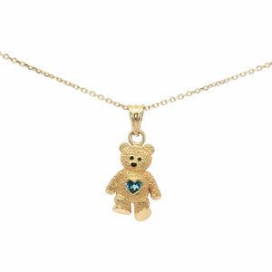 Blue Topaz Teddy Bear Pendant Necklace | 14K Yellow Gold