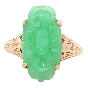Floral Carved Nephirite Jade Ring | 14K Yellow Gold
