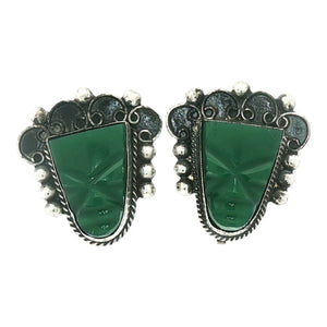 Green Carved Mask Earring | Sterling Silver