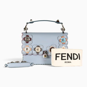 Fendi Kan I Small Floral Embellished Shoulder Bag Light Blue Leather