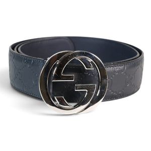 Gucci Navy Guccissima Leather Interlocking G Buckle Belt 95/38