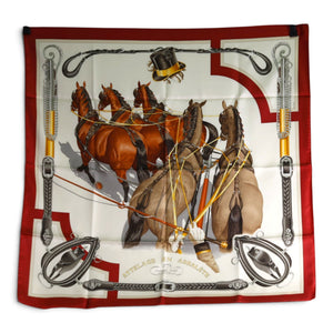 Hermès Attelage en Arbalète Silk Carré 90 Red Border Ivory