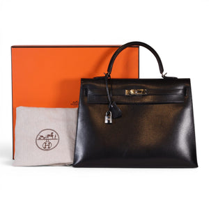 Hermes Kelly 35 Black Box Calf Sellier with Palladium Hardware