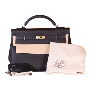 Hermes Kelly Maxi 42 Black Leather Handle Handbag